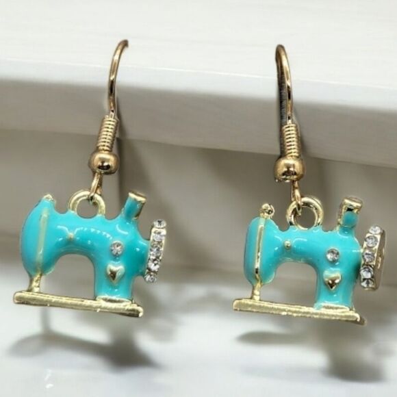 Vintage Sewing Machine Earrings Turquoise Enamel Pierced Hobby Seamstress Gift - Picture 7 of 8